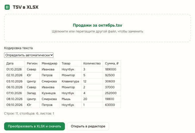 TSV в XLSX онлайн: Проверьте кодировку