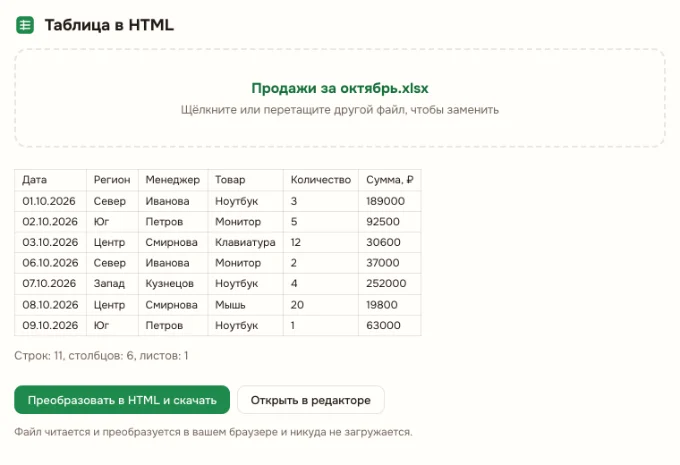 Таблица в HTML онлайн: Выберите лист
